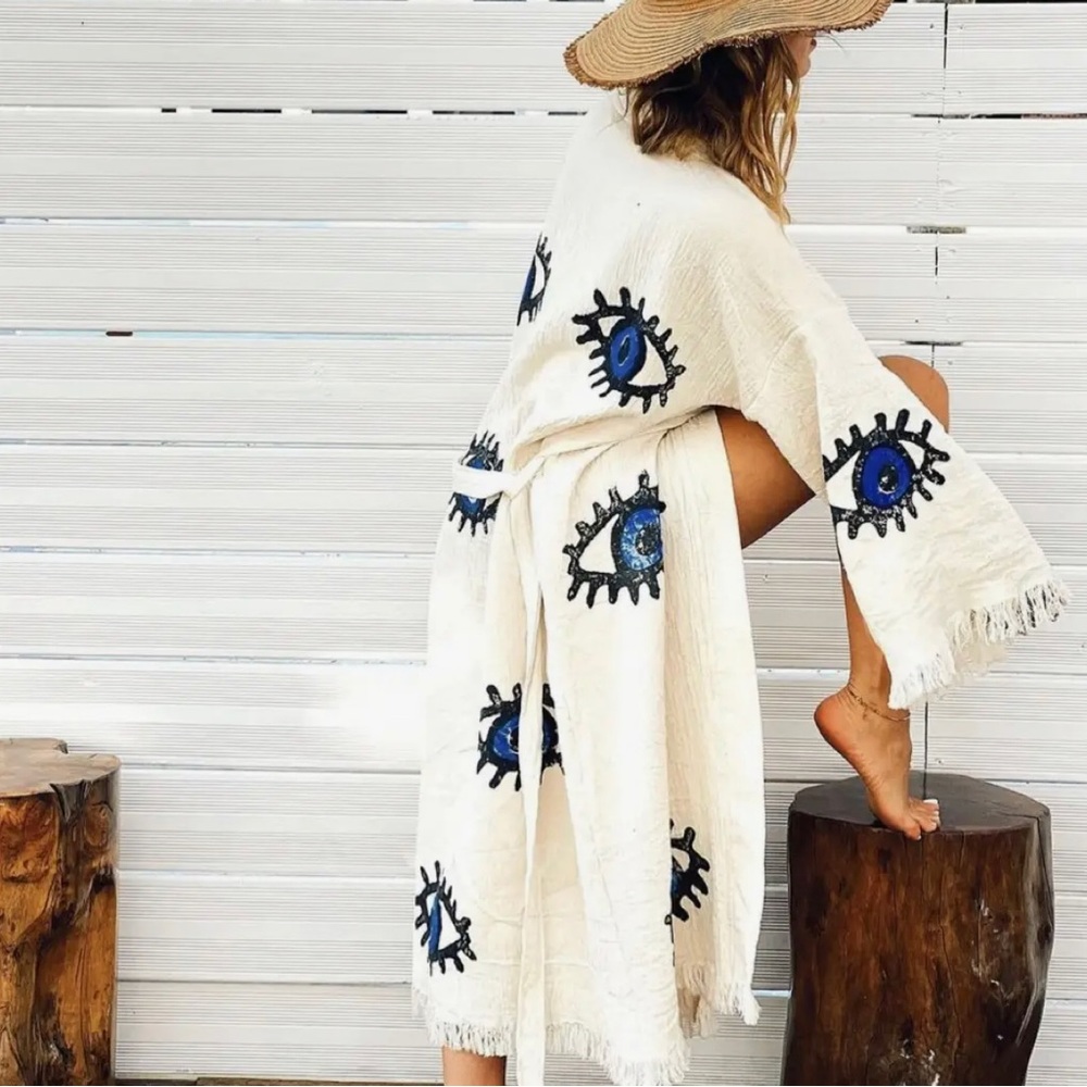 New Embroidered Eye Design Robe - Cream and Blue
